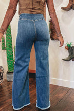 Sail Blue High Waist Button Fly Seamed Raw Hem Flare Jeans Carmine Juneberry