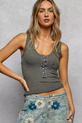 POL Lace Trim Tank with Front Button Closure Jade Icarus