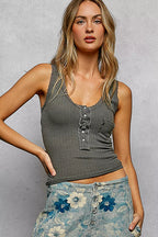 POL Lace Trim Tank with Front Button Closure Jade Icarus