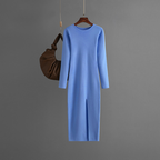 Autumn And Winter Long Sleeve Knitted Backless Round Neck Dress Carmine Juneberry