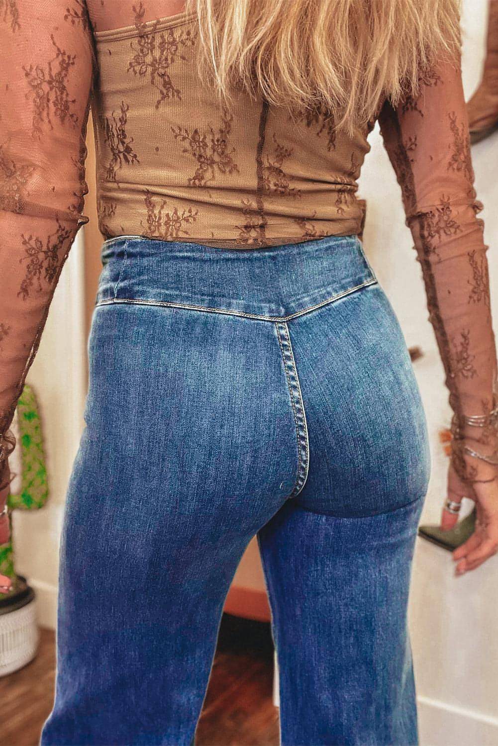 Sail Blue High Waist Button Fly Seamed Raw Hem Flare Jeans Carmine Juneberry