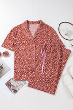 Brown Leopard Print Short Sleeve Shirt and Pants Pajamas Set Carmine Juneberry