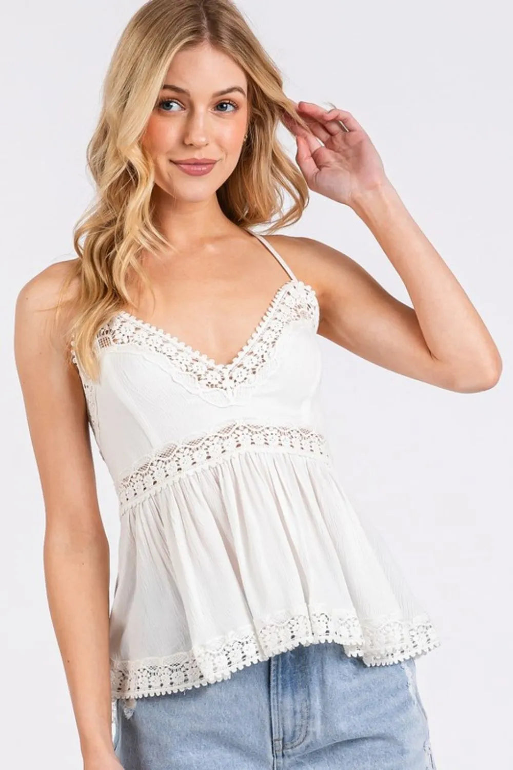 Mittoshop Crisscross Back Lace Detail V-Neck Cami Jade Icarus