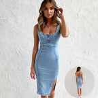 New U-neck Suspender Denim Dress Summer Casual Tight Slim Fit Dresses Carmine Juneberry