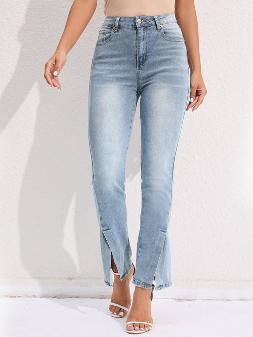 Commuter Split Straight Pants Fashionable Stretch Washed Jeans Women Carmine Juneberry