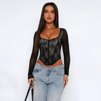 A1. Lace Stitching Girdle Printed Long-sleeved T-Shirt Women Carmine Juneberry