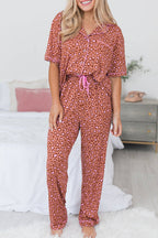 Brown Leopard Print Short Sleeve Shirt and Pants Pajamas Set Carmine Juneberry