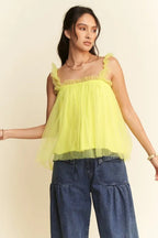 Davi & Dani Shirred Ruffle Strap Tulle Babydoll Top Jade Icarus