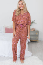 Brown Leopard Print Short Sleeve Shirt and Pants Pajamas Set Carmine Juneberry