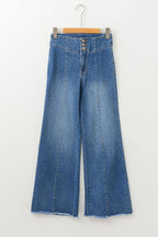 Sail Blue High Waist Button Fly Seamed Raw Hem Flare Jeans Carmine Juneberry