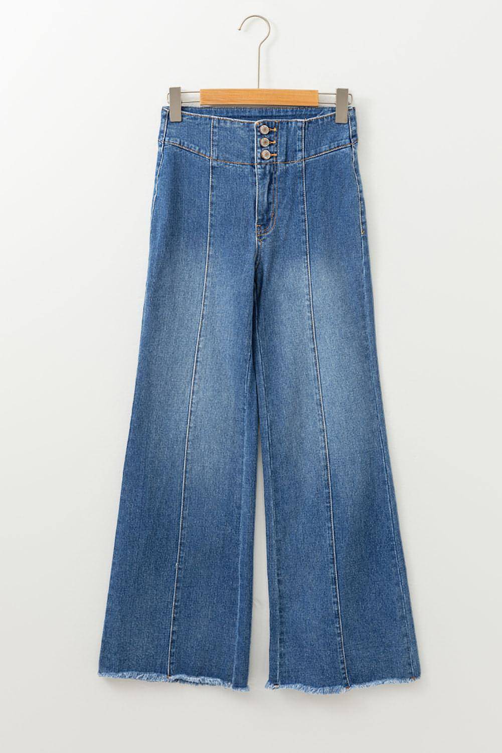 Sail Blue High Waist Button Fly Seamed Raw Hem Flare Jeans Carmine Juneberry