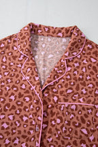 Brown Leopard Print Short Sleeve Shirt and Pants Pajamas Set Carmine Juneberry