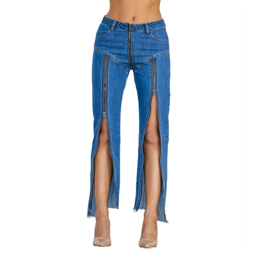 UrbanEase™ Women Zipper Jeans Women Unique Dark Blue Denim Carmine Juneberry