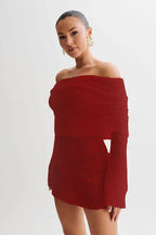 25 Edition – Off-Shoulder Knit Bodycon Dress Carmine Juneberry