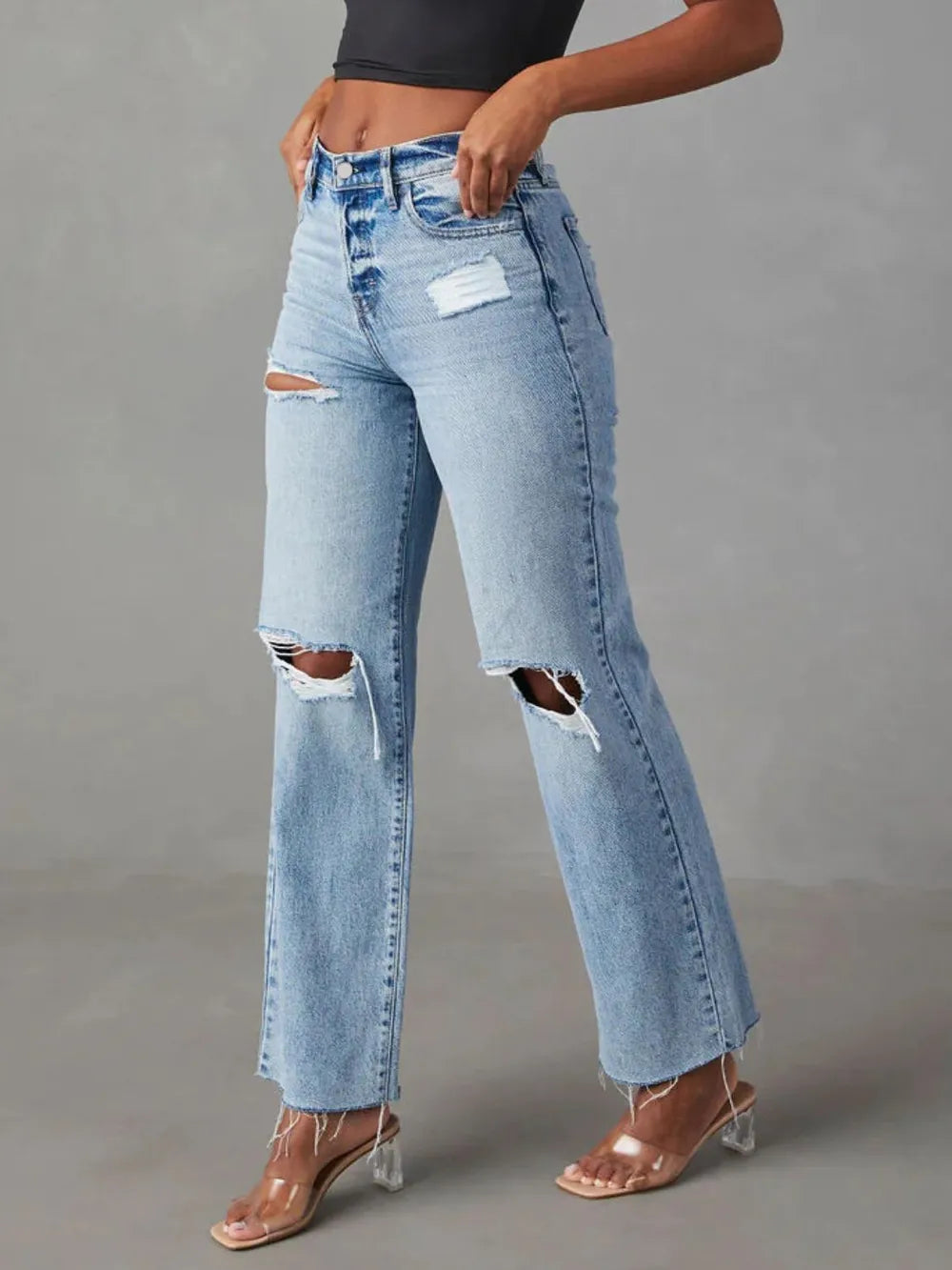 Distressed Straight Leg Jeans with Pockets Pear Daisy