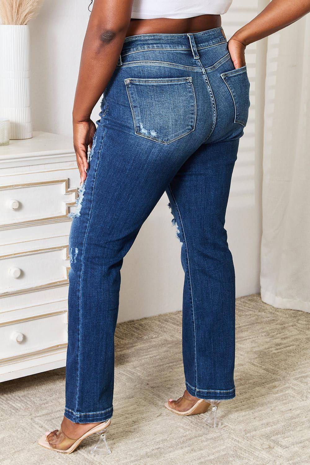 Judy Blue Full Size Mid Rise Hand Sand & Destroy Bootcut Jeans Carmine Juneberry