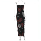 Printed Lace Stitching Wrapped Chest Dew Dress Carmine Juneberry