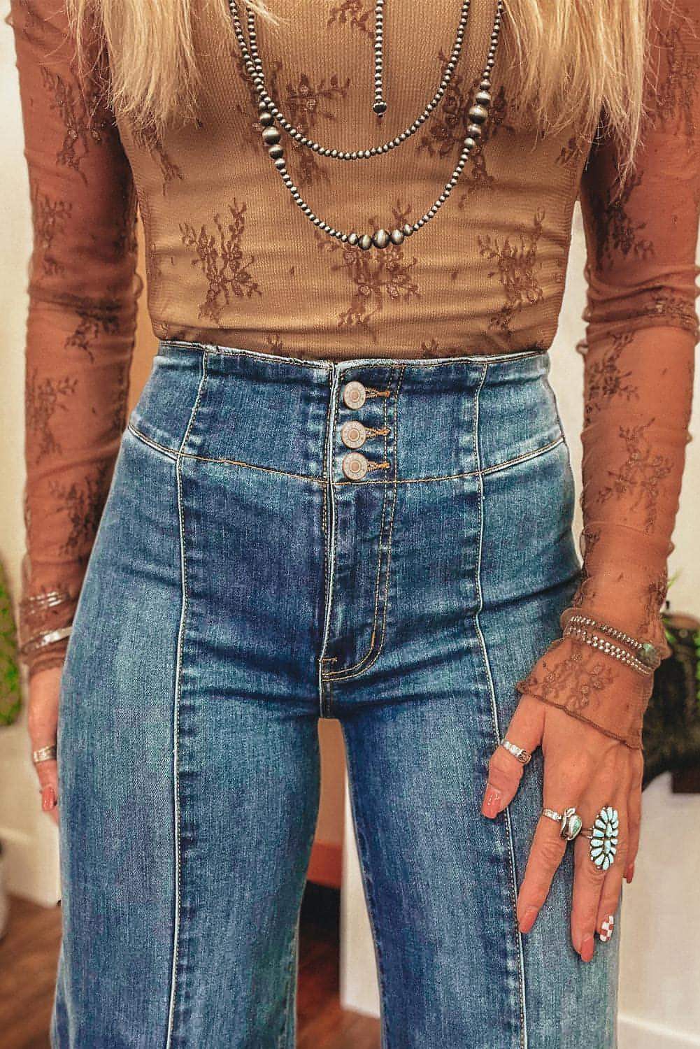 Sail Blue High Waist Button Fly Seamed Raw Hem Flare Jeans Carmine Juneberry