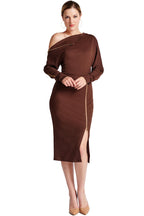 Josefa Asymmetric Dress -  Long sleeve convertible midi dress with Peach Dionysus