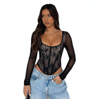 A1. Lace Stitching Girdle Printed Long-sleeved T-Shirt Women Carmine Juneberry