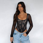 A1. Lace Stitching Girdle Printed Long-sleeved T-Shirt Women Carmine Juneberry