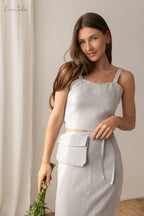 Bella Vita Set in Light Grey | Linen Crop Top and Midi Skirt Magenta Sugarplum