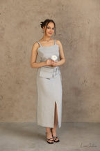 Bella Vita Set in Light Grey | Linen Crop Top and Midi Skirt Magenta Sugarplum
