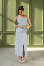 Bella Vita Set in Light Grey | Linen Crop Top and Midi Skirt Magenta Sugarplum
