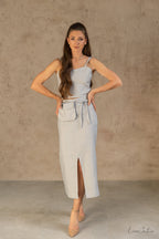 Bella Vita Set in Light Grey | Linen Crop Top and Midi Skirt Magenta Sugarplum