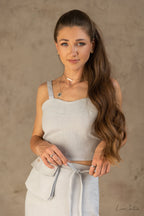 Bella Vita Set in Light Grey | Linen Crop Top and Midi Skirt Magenta Sugarplum