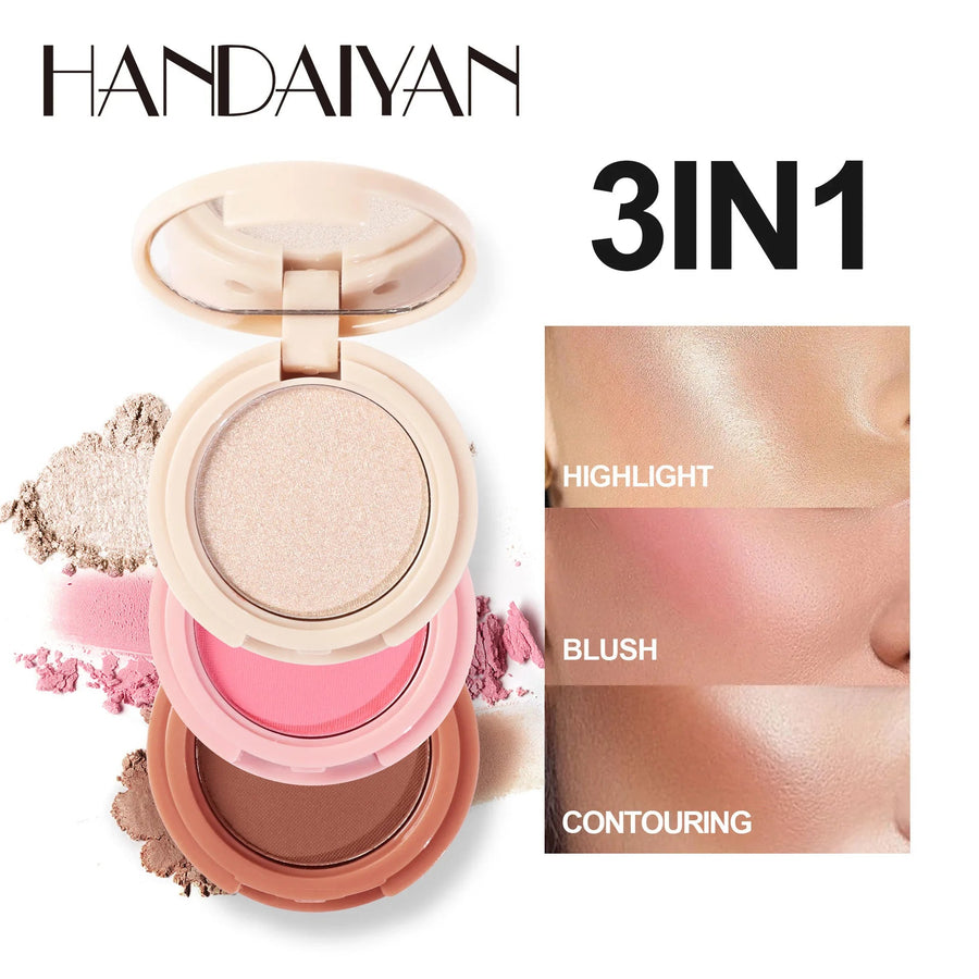 3 In 1 Matte Highlighter Contouring Blush Palette Pearly Shiny Pink Lucky