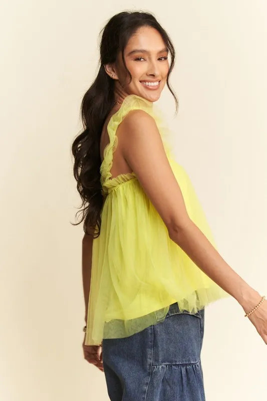 Davi & Dani Shirred Ruffle Strap Tulle Babydoll Top Jade Icarus