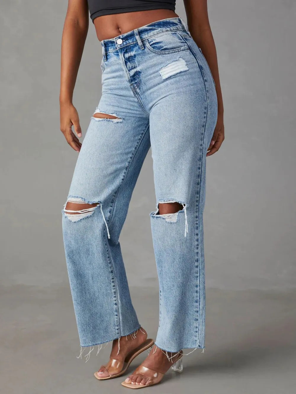 Distressed Straight Leg Jeans with Pockets Pear Daisy