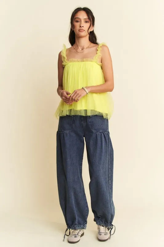 Davi & Dani Shirred Ruffle Strap Tulle Babydoll Top Jade Icarus