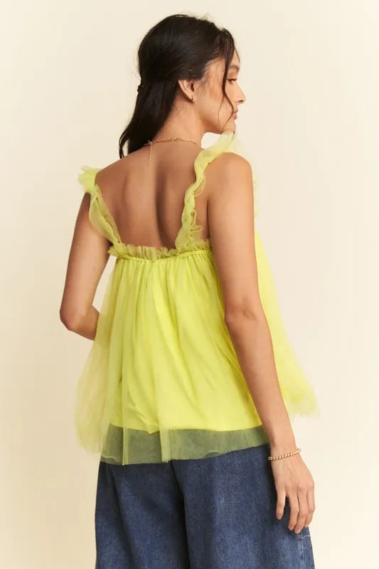 Davi & Dani Shirred Ruffle Strap Tulle Babydoll Top Jade Icarus