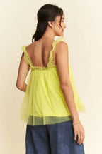Davi & Dani Shirred Ruffle Strap Tulle Babydoll Top Jade Icarus
