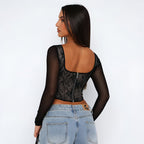 A1. Lace Stitching Girdle Printed Long-sleeved T-Shirt Women Carmine Juneberry