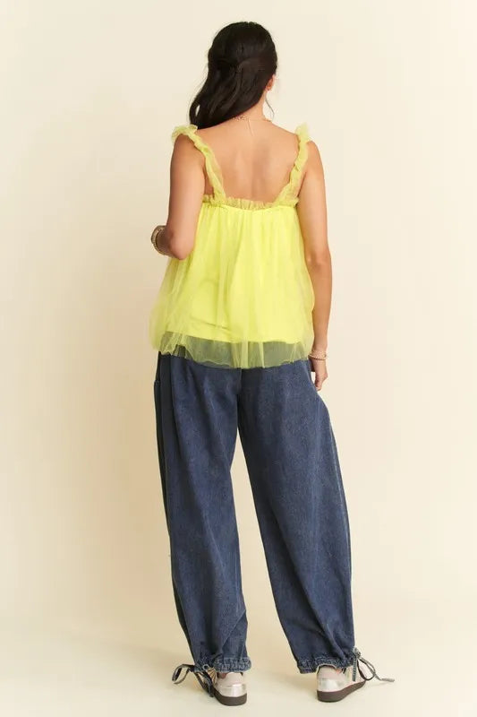 Davi & Dani Shirred Ruffle Strap Tulle Babydoll Top Jade Icarus