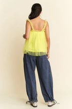 Davi & Dani Shirred Ruffle Strap Tulle Babydoll Top Jade Icarus