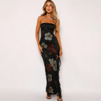 Printed Lace Stitching Wrapped Chest Dew Dress Carmine Juneberry