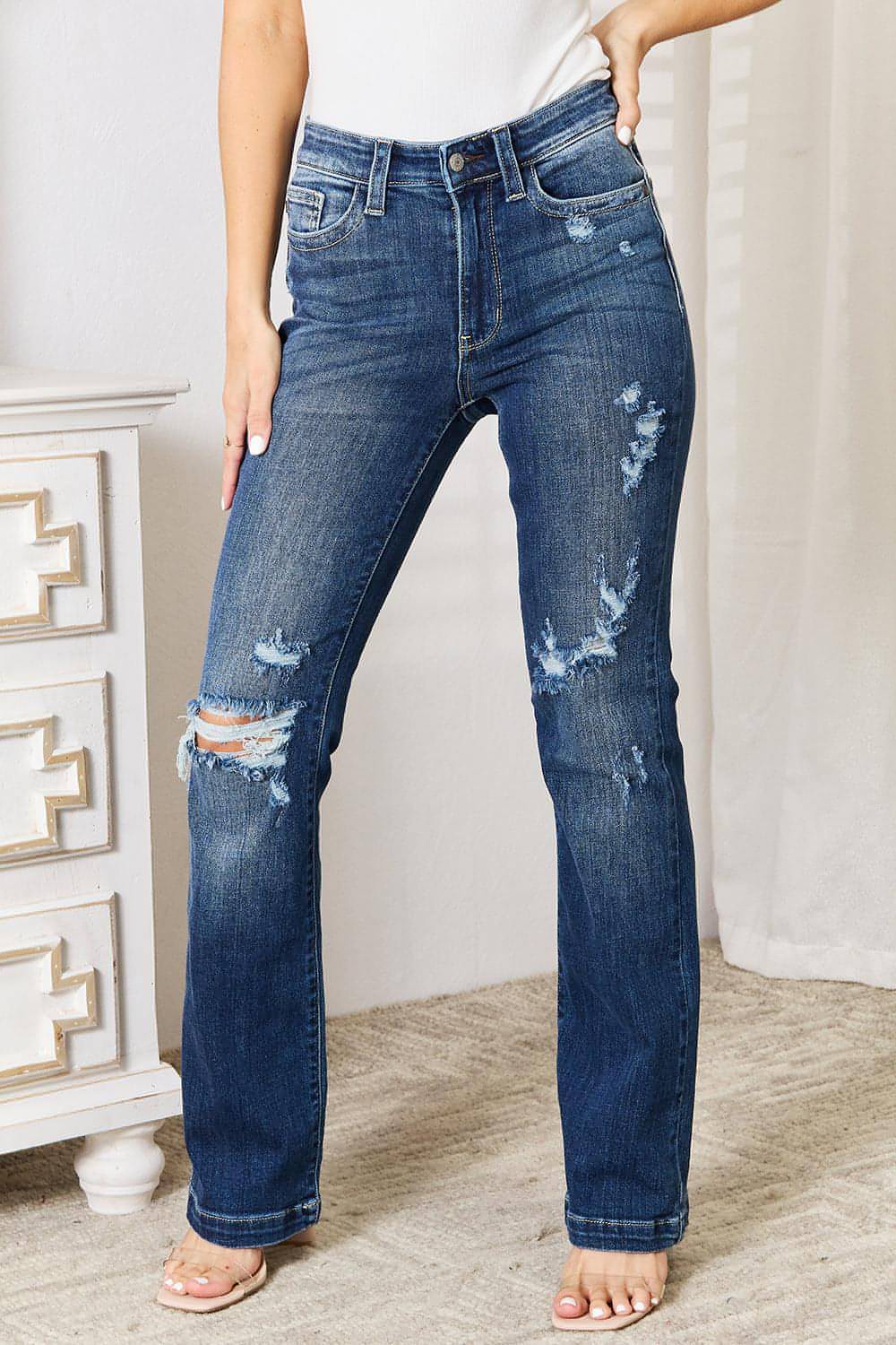 Judy Blue Full Size Mid Rise Hand Sand & Destroy Bootcut Jeans Carmine Juneberry