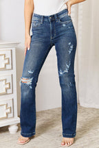 Judy Blue Full Size Mid Rise Hand Sand & Destroy Bootcut Jeans Carmine Juneberry