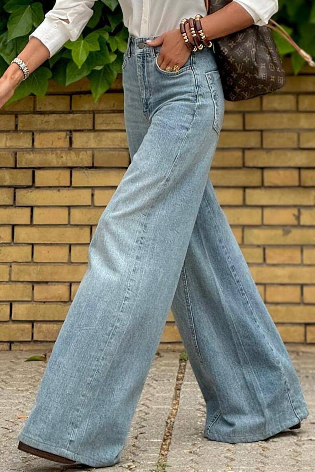Dusk Blue Acid Wash Extra Wide Leg High Waist Long Jeans.
