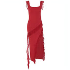 Female Summer Fashionable Stringy Selvedge Stitching Temperament Dress Carmine Juneberry