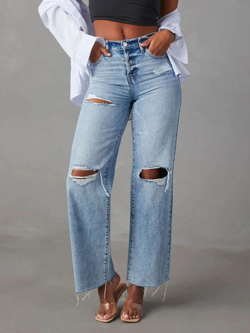 Distressed Straight Leg Jeans with Pockets Pear Daisy