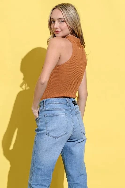 And The Why Basic Rib Cross Halter Neck Tank Top Jade Icarus