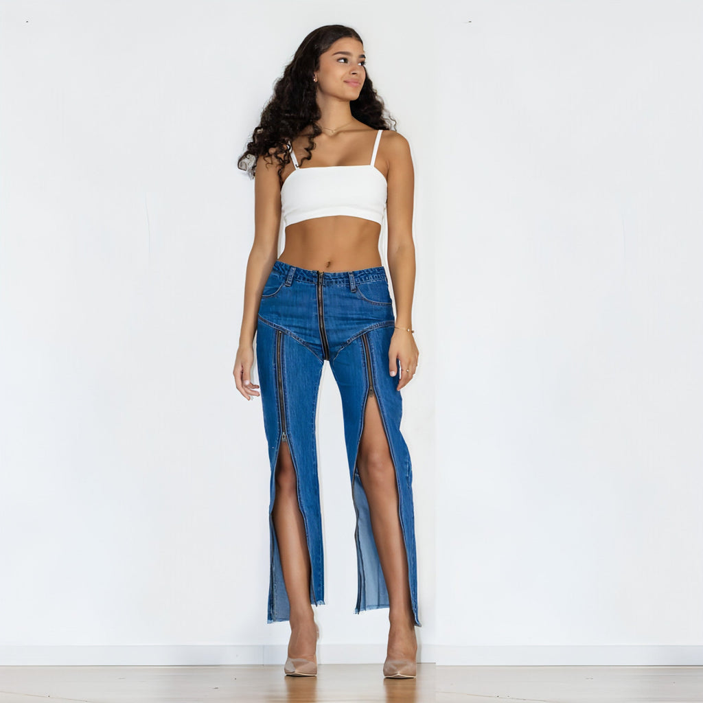 UrbanEase™ Women Zipper Jeans Women Unique Dark Blue Denim Carmine Juneberry