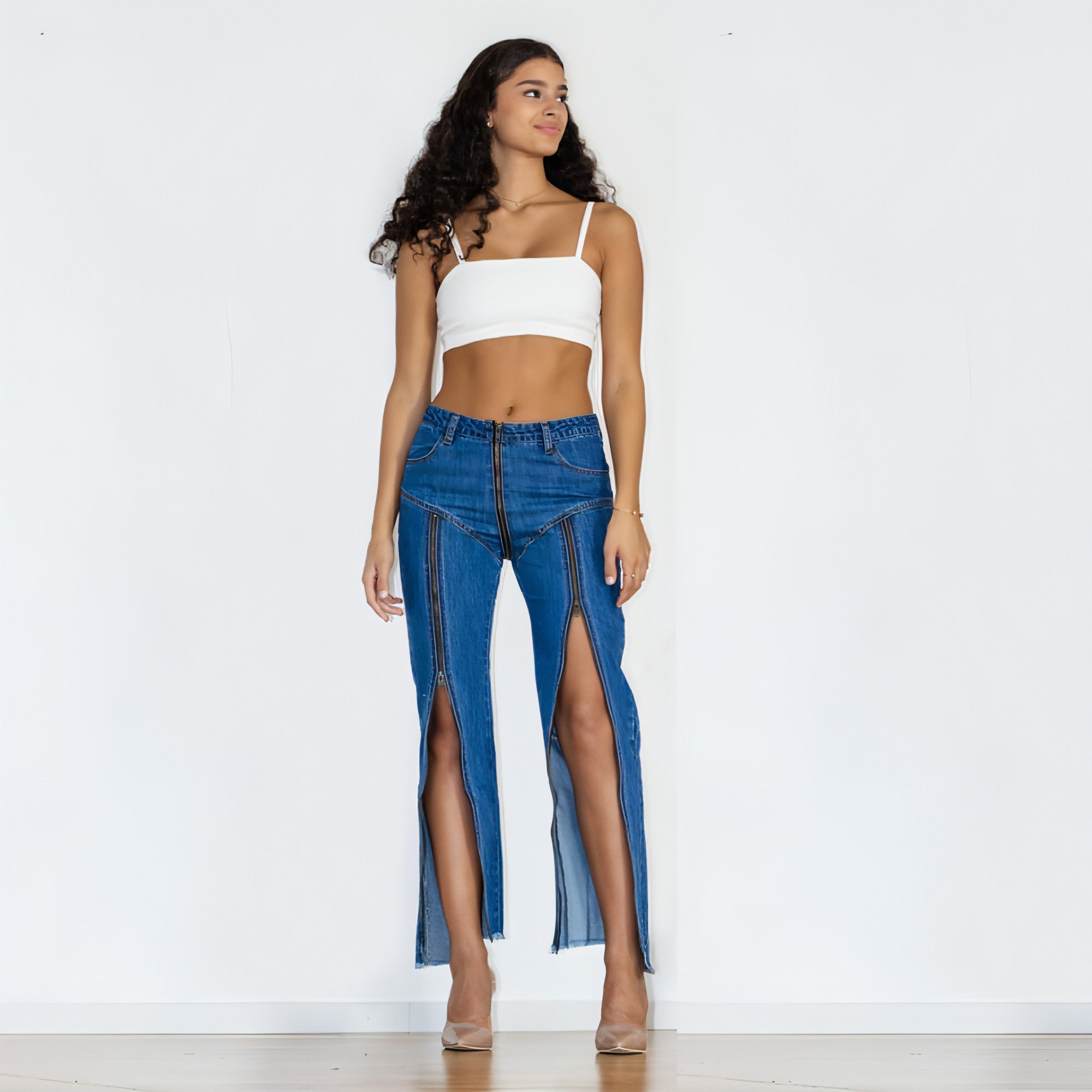 UrbanEase™ Women Zipper Jeans Women Unique Dark Blue Denim Carmine Juneberry