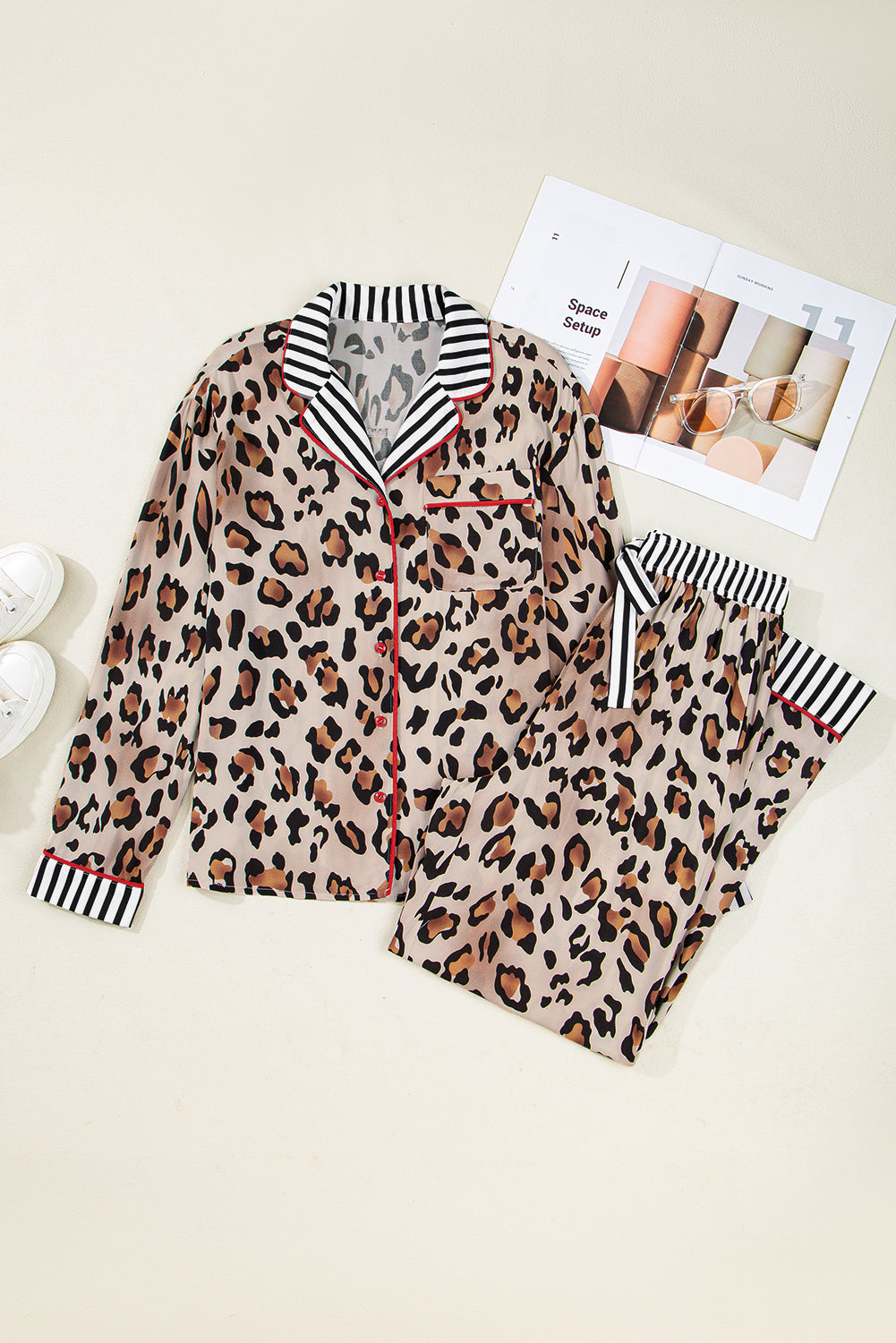 Leopard Colorblock Stripe Edge Shirt and Pants Pajama Set Byzantium Bay
