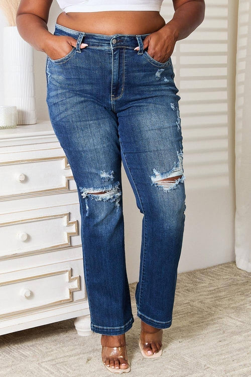 Judy Blue Full Size Mid Rise Hand Sand & Destroy Bootcut Jeans Carmine Juneberry